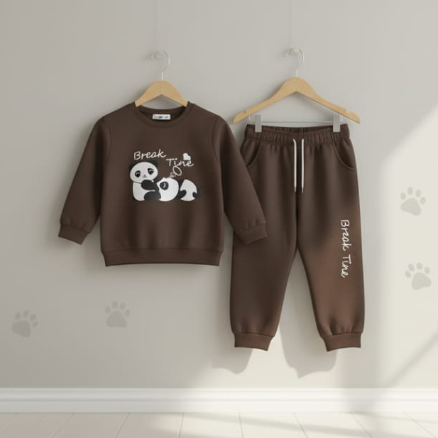 Brown Panda “Break Time” Baby Tracksuit Set – Cozy Fleece Sweatshirt – Florax Mini Brown Panda “Break Time” Baby Tracksuit Set – Cozy Fleece Sweatshirt - Image 2